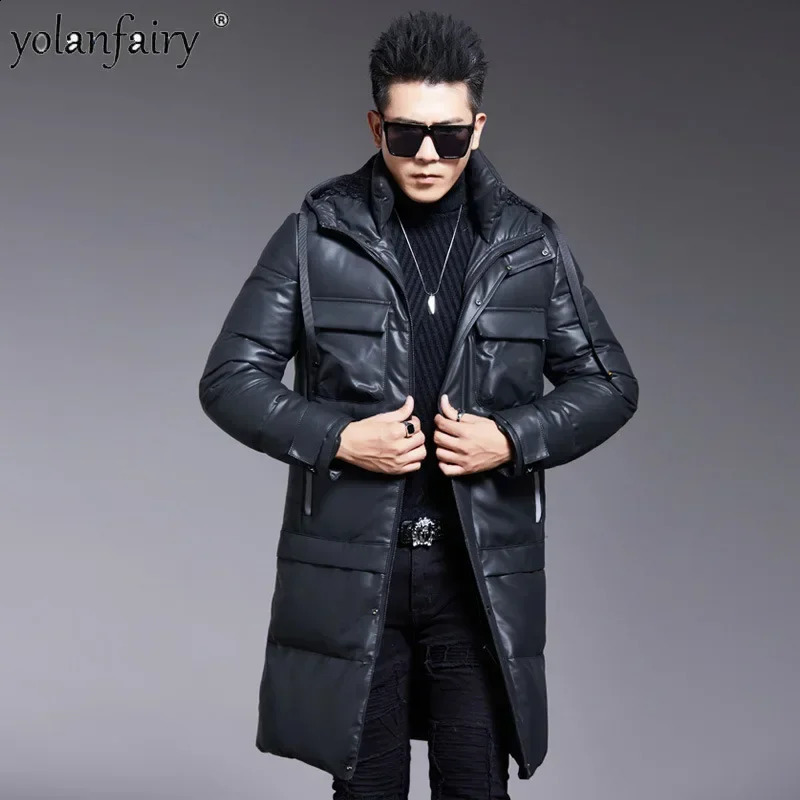 Genuine Leather Down Coat Mens Winter Midi Long Puffer Jacket Thickened Hooded Pure Sheepskin Trenchcoat Chaquetas FCY 240822