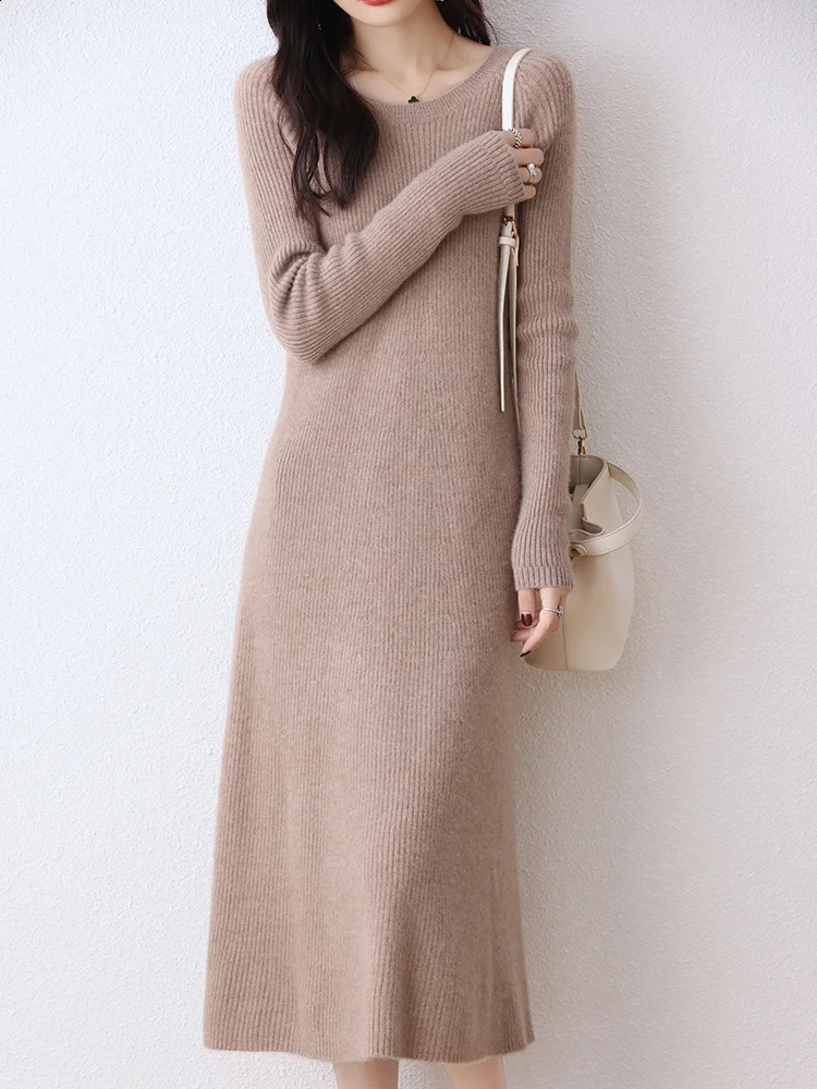 100% Pure Wool Knitted Dress Womens O-Neck Slim Long Sleeve Long Skirts Casual High Waist Pack Hip Pullover Sweater Autumn 240822