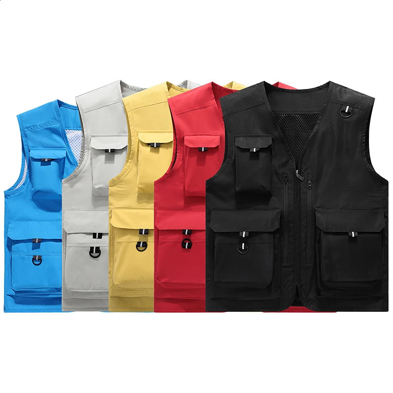 Spring And Summer Mens Fashion Vest Casual Mesh Work Sleeveless Jacket Tool Pockets V Collar Pography Fishing 240822