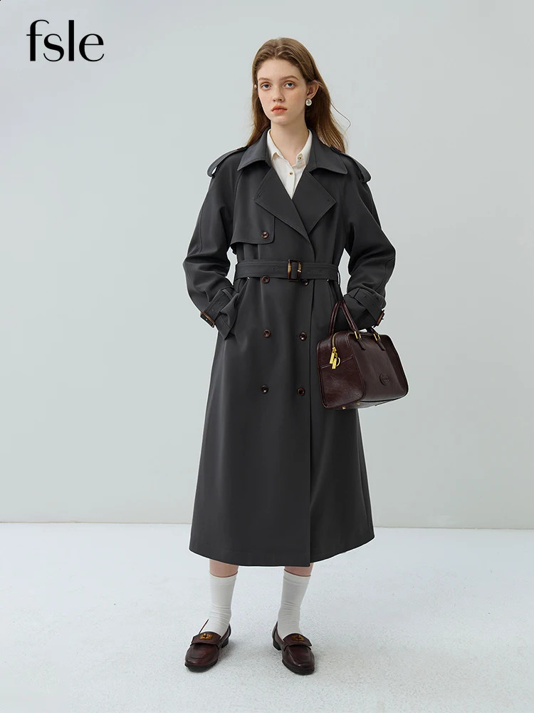 FSLE High-end Suit Collar Straight Tube Windbreaker for Women Autumn Style Mid-length Trench Coats Female 240822