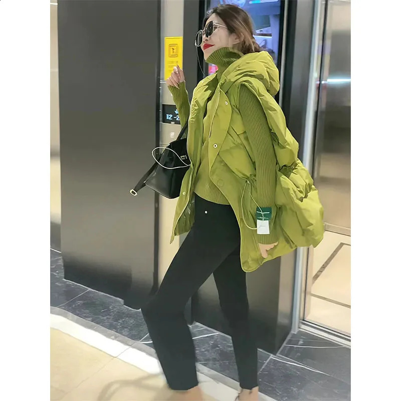 Womens Autumn Winter Hooded Down cotton Vest Female Fashion Drawstring Loose Solid color Casual Sleeveless Coat 240822