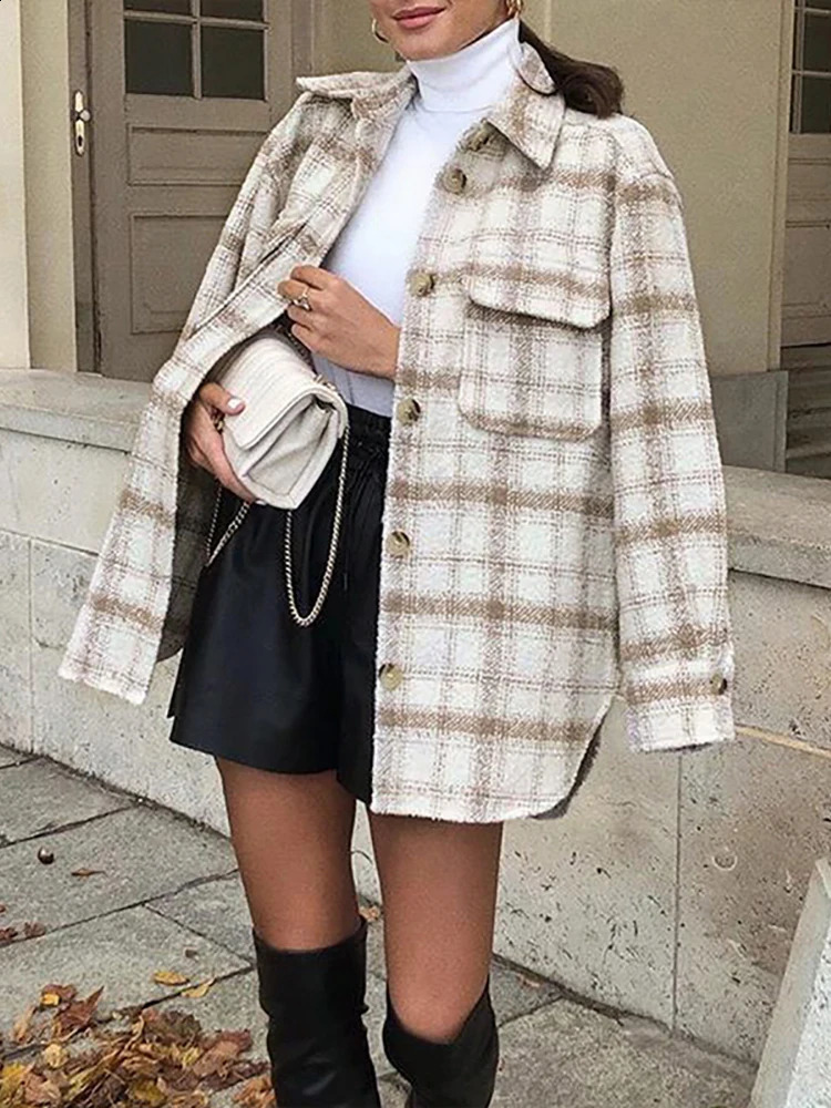 Retro womens coarse tweed plain jacket fashionable womens elegant loose jacket street clothing girls oversized jacket 240822