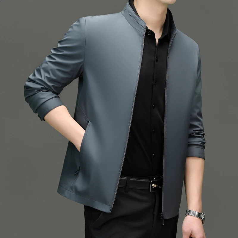2024 Handsome Middleaged Mens Spring Fashion Standup Collar Business Coat Dad Pack Solid Color Casual Zipper Jacket 240822