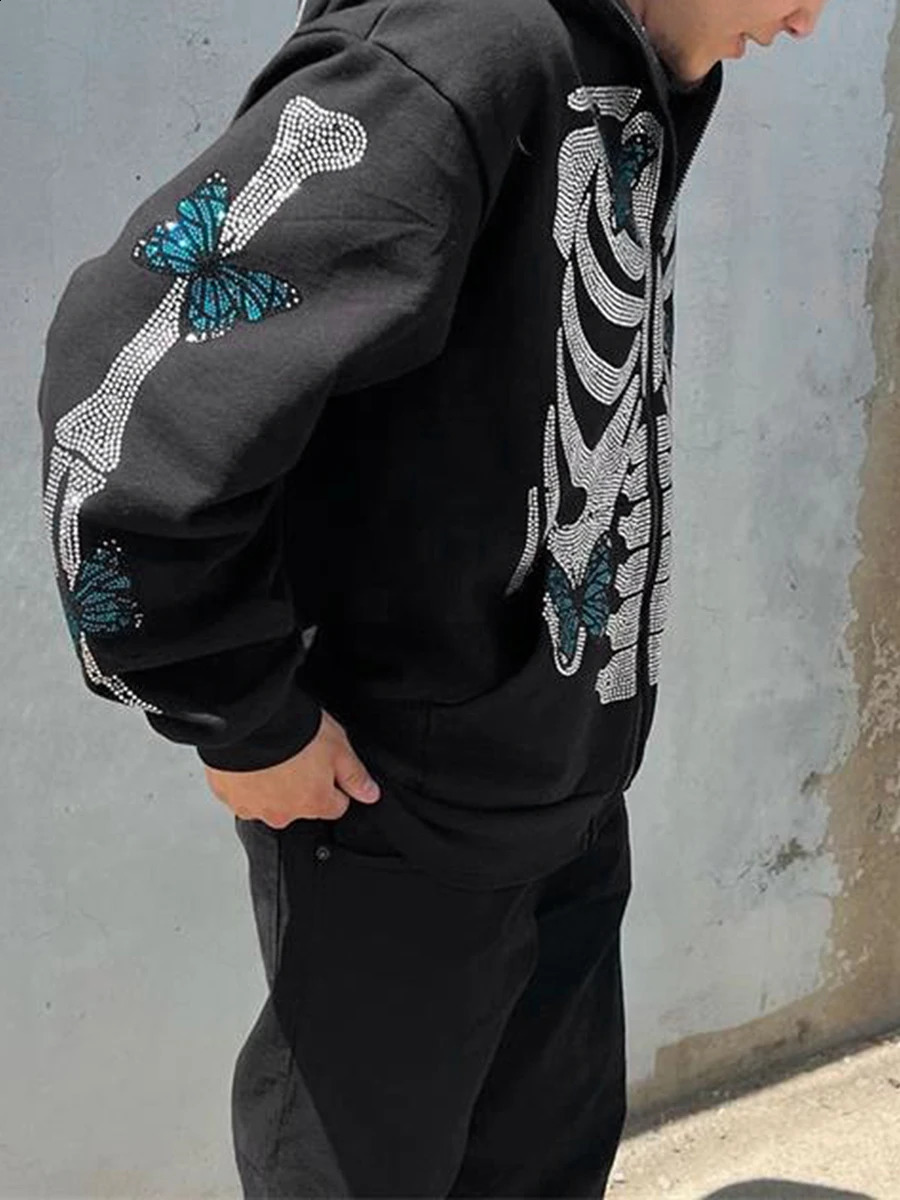 Halloween Rhinestone Skeleton Hoodies for Women Men Y2k Full Zip Up Punk Goth Aesthetic Hooded Sweatshirt Jacket 240823