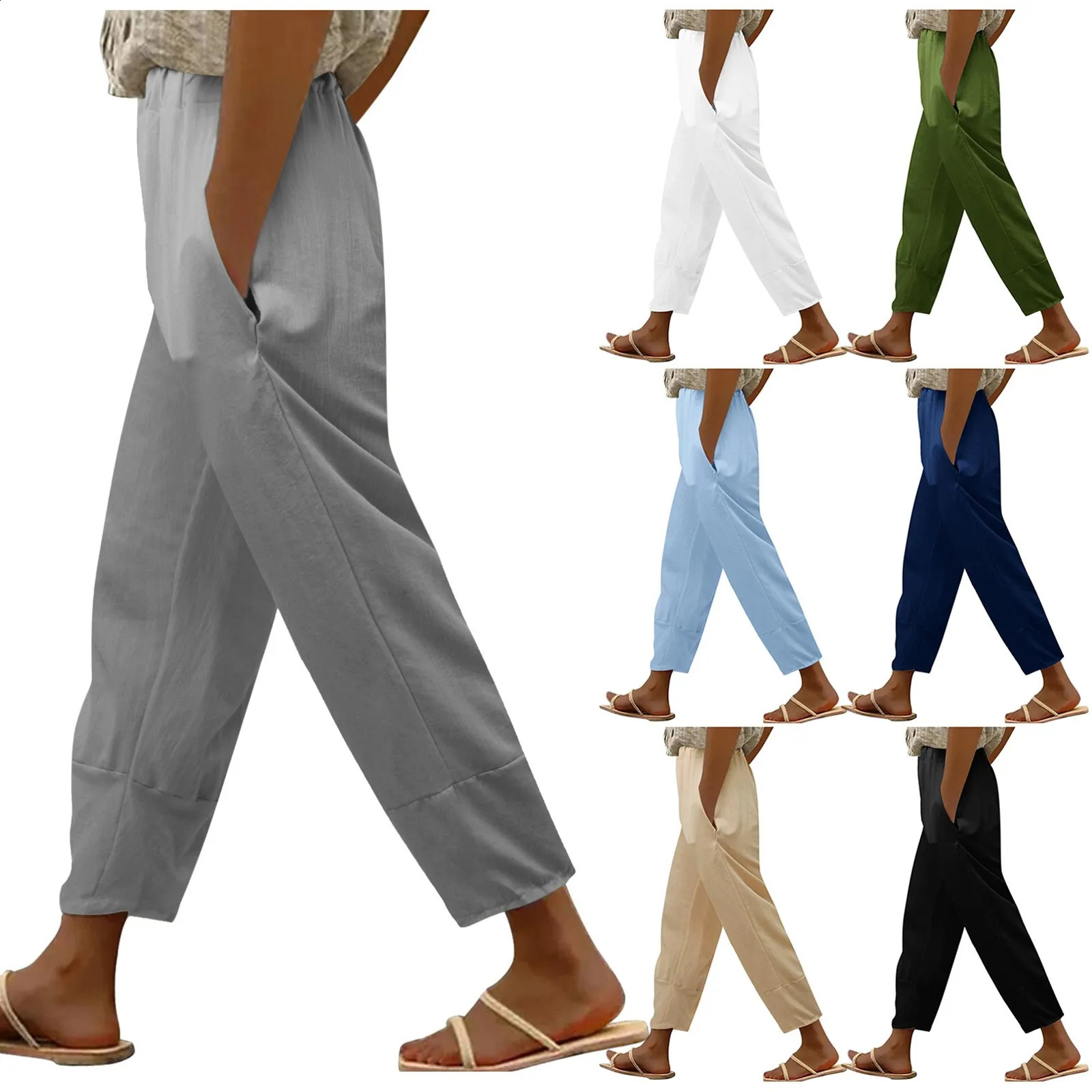 Cropped Pants womens casual plus size cotton linen Trouser with pocket streetwear multi-color straight harem pants S-5XL 240822