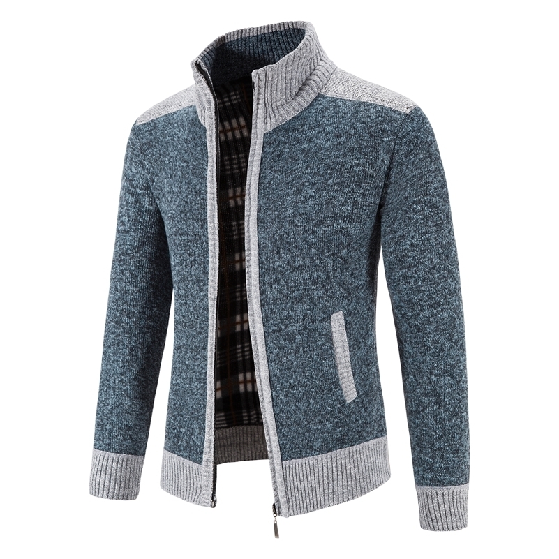 Autumn Winter Male Sweater Coat Knit Jumpers Fleece Warm Jacket Korean Mock Collar Patchworked Zip Windbreaker Mens Overcoat y240822