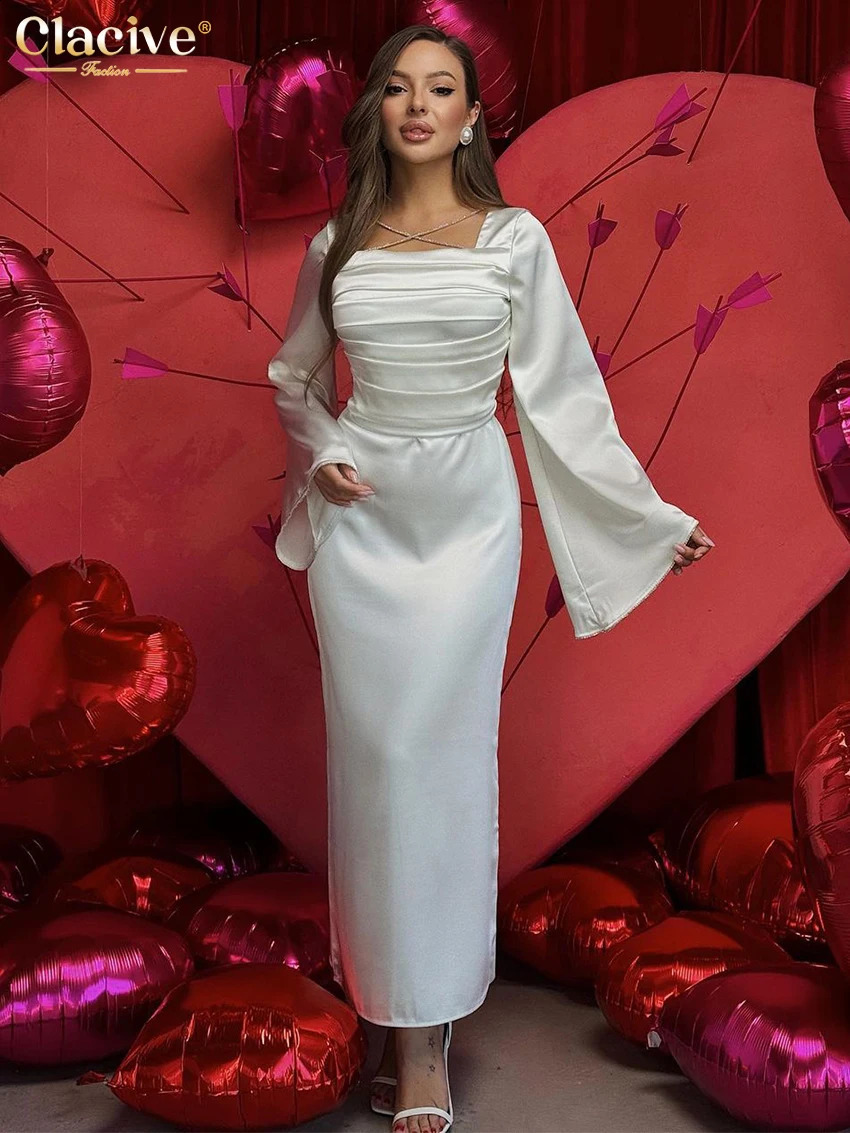 Clood BodyCon Robe satinée blanche Lady Fashion Square Collier à manches longues robe de longueur de cheville élégante Robes ruchées pour femmes