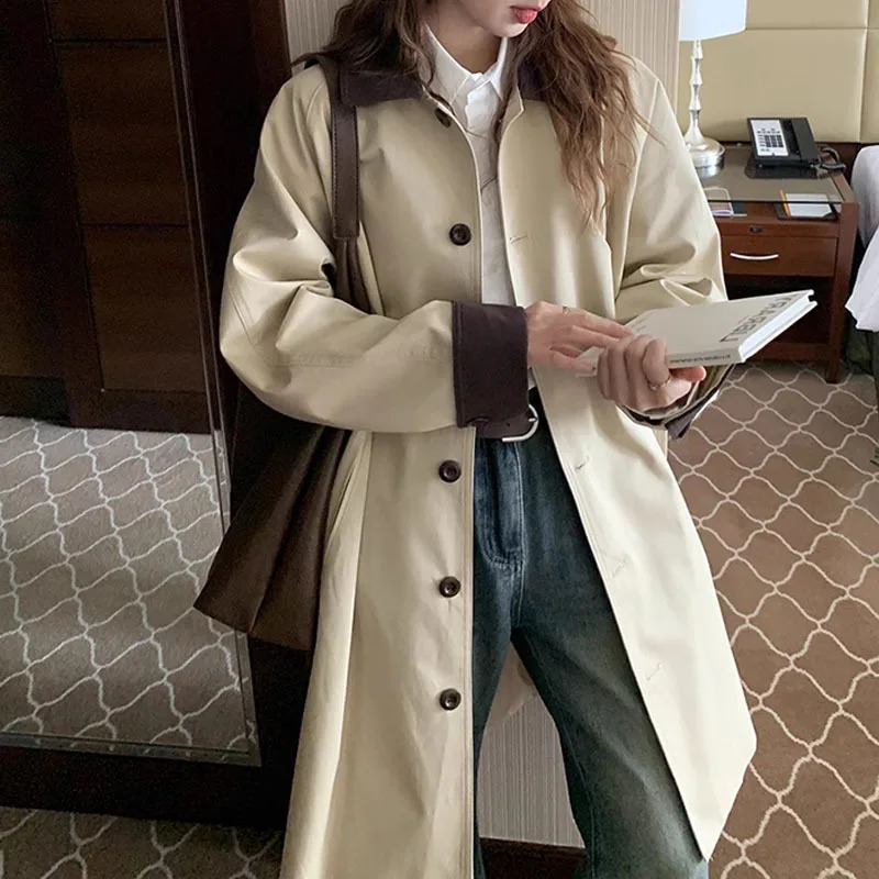Korean College Style Vintage Medium-length Trench Coat Jacket for Women Fashion Chic Single Breasted Lapel Loose Beige Outerwear 240822