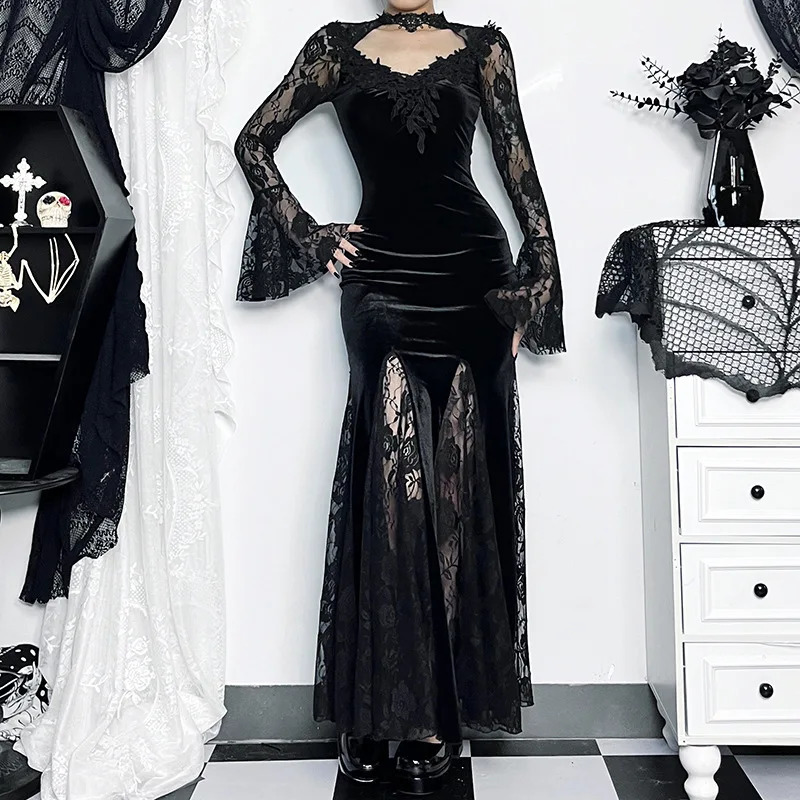 Gothic dark retro shopping center Gothic elegant lace trumpet dress Grunge aesthetic punk V-neck long skirt ultra-thin womens evening dress Alt Clot