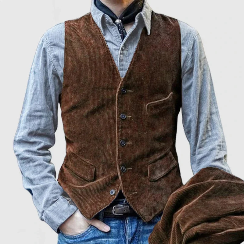 Autumn Mens Corduroy Jacket Sleeveless Buttonup Turndown Collar Solid Color Vest Coat Men Vintage Slim Blazer Jackets 240822
