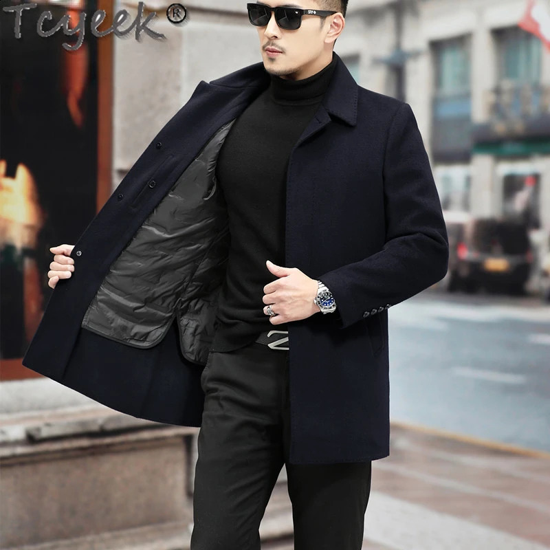 Tcyeek 100% cashmere double-sided wool jacket suitable for mens winter clothing thick warm goose lining medium length mens jacket S-8XL 240823