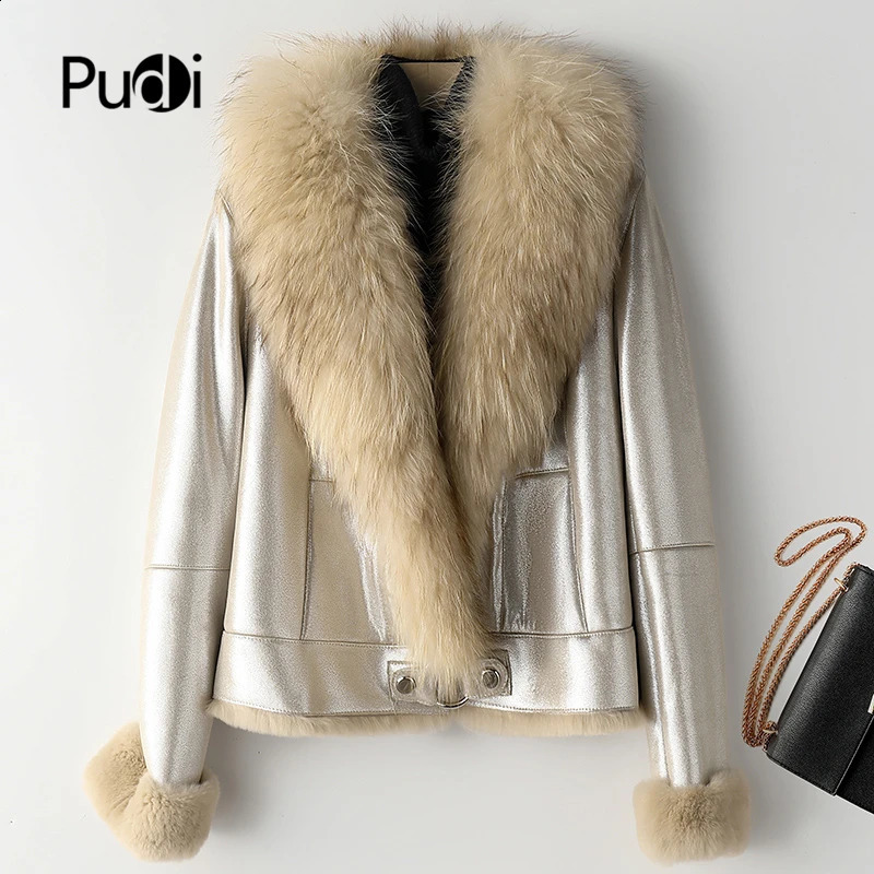 Pudi Natural Real Rabbit Fur Coat Jacket with Raccoon Fur Collar Waist Coat Winter Womens Fur Parka Trench CT071 240824