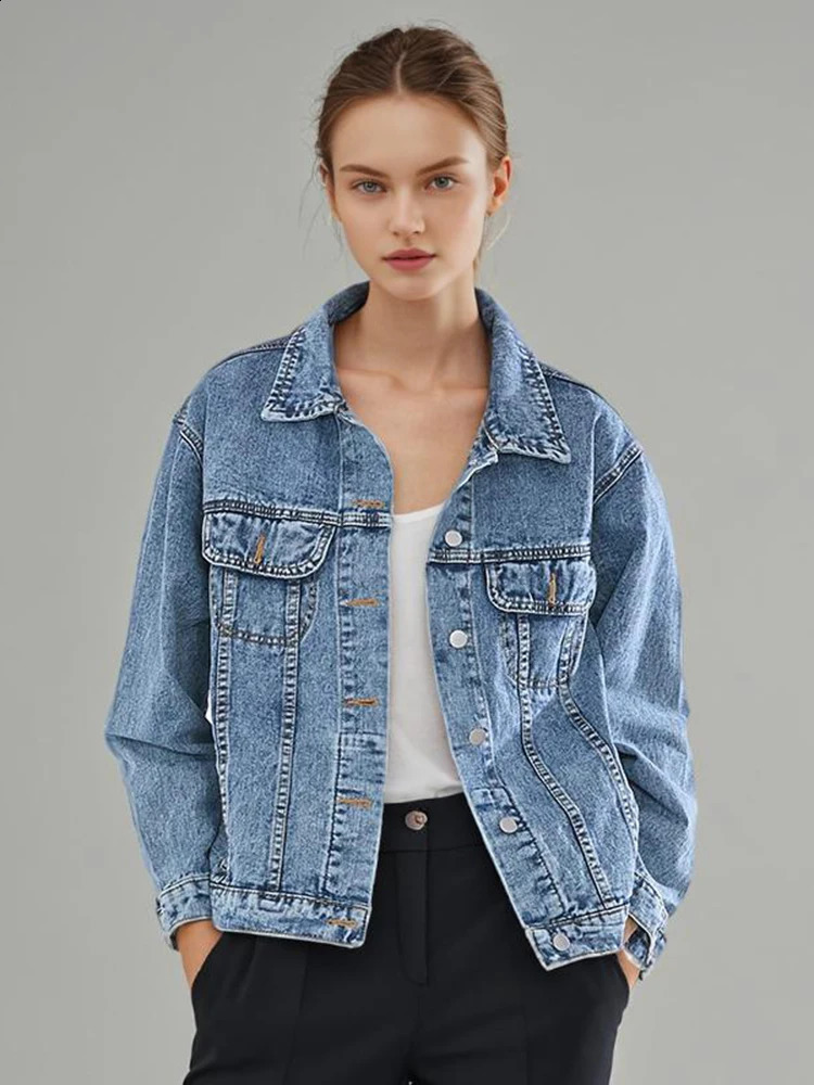 Solid Denim Jackets For Women Lapel Long Sleeve Patchwork Pocket Casual Temperament Jacket Female Fashion 240823