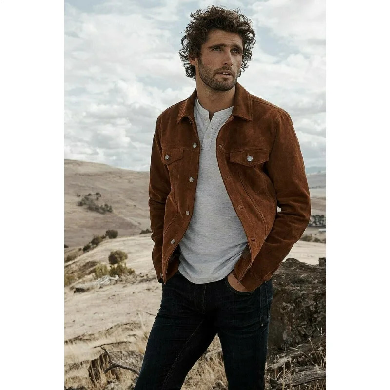 Mens brown retro suede jacket ultra-thin suitable for denim style jacket fashion trend 240823
