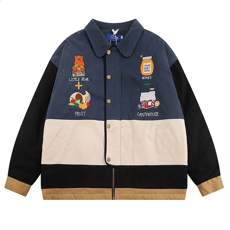 American Street Men Bomber Jackets Fun Cartoon Embroidery Patchwork Loose Jacket Pilot Coats Autumn Hip Hop Fashion Unisex Tops 240823