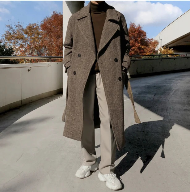 Mens winter woolen coat Korean version of the trend herringbone pattern in long thick lapel size 2XL 240823