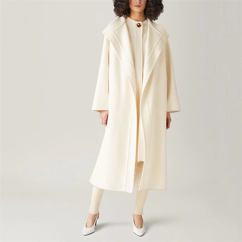 Womens fall doublesided tweed cashmere coat fashionable and versatile tie waist high quality wool long top 2024 y240823