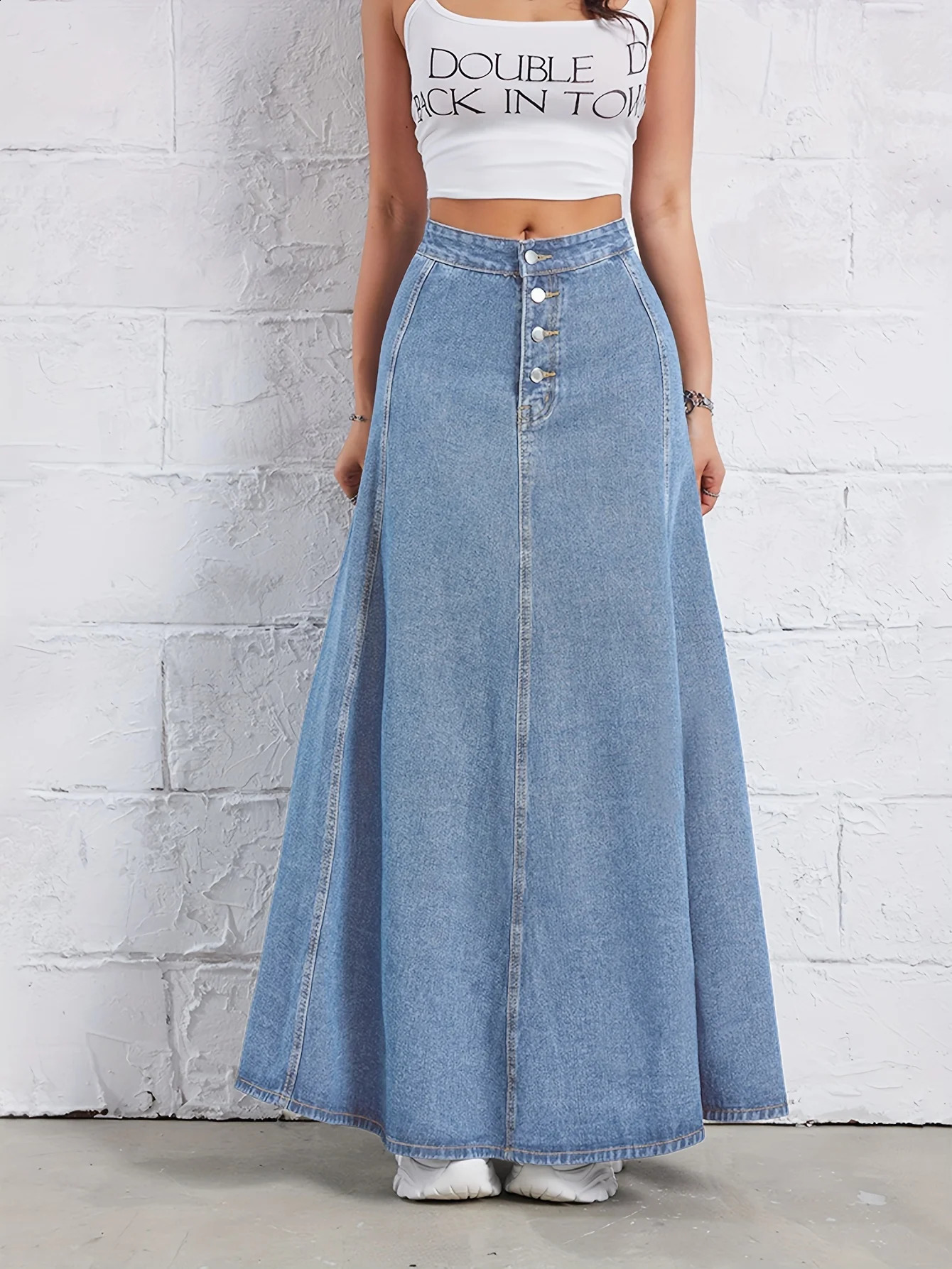 sense single-breasted denim skirt womens high-waisted slimming A-line umbrella skirt retro western style long skirt 240823