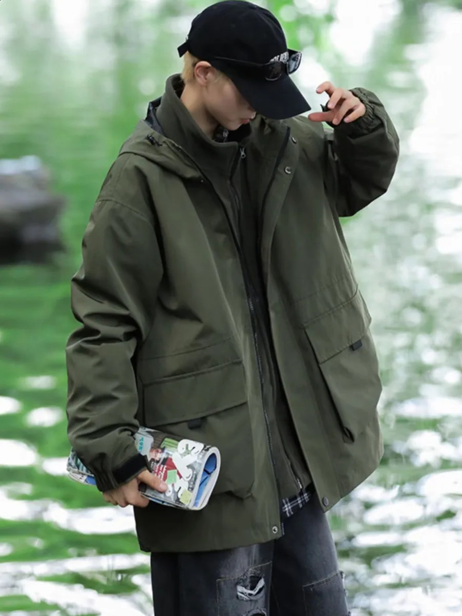 Mens solid cargo bomber jacket long sleeved hooded trench coat military tactical jacket outdoor zipper waterproof jacket 240907