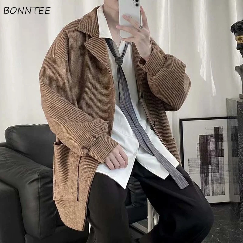 Mens wool coat retro pocket single chest down collar wool exterior Harajuku handsome winter mens loose blend S-3XL 240823