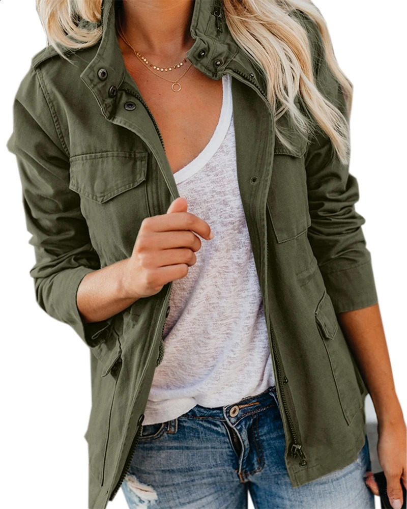 Womens Zipper Jacket Autumn Womens Jacket Long Sleeve Casual Street Jacket Windproof Jacket Anorak Stand up Collar Military Jacket 240824