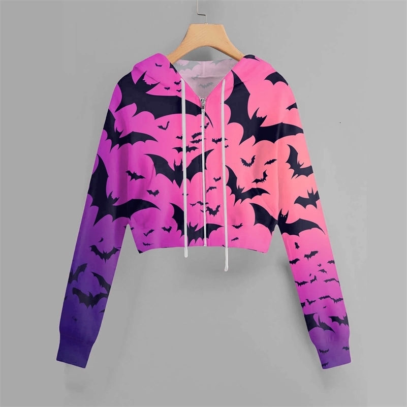 Women Autumn And Winter Hooded Short Sweatshirt Fashion Halloween Printed Hooded Short Zipper Jacket Cropped Hoodie Sudadera 240823CJ