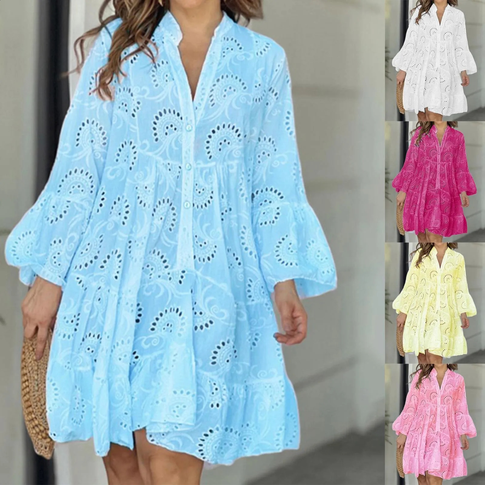 Robe creux pour femmes Élégant robe en dentelle solide rétro en été et automne en V Very Broidered Vest Beach Mini Robe 240824