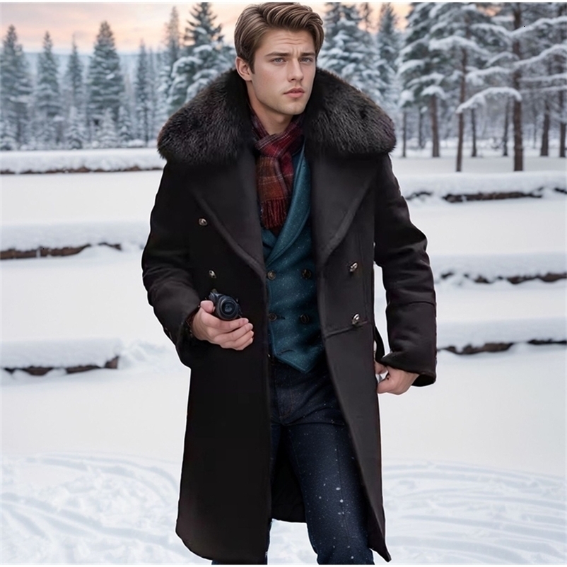 European size mens autumn and winter casual woolen coat doublebreasted fur collar midlength windbreaker y240823