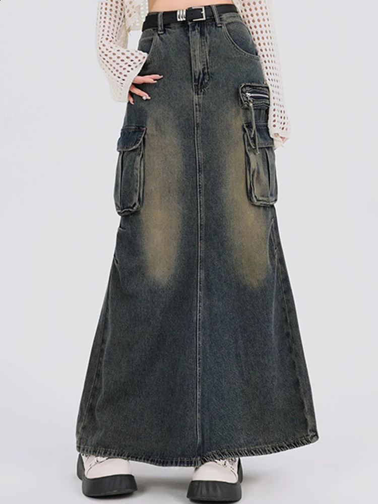 Femmes Y2k High Waist Denim Longue Longueur Boute de cargaison Robe Cool Casual Wrap Robe Feme Greure une ligne Long Jupes Jeans 240823
