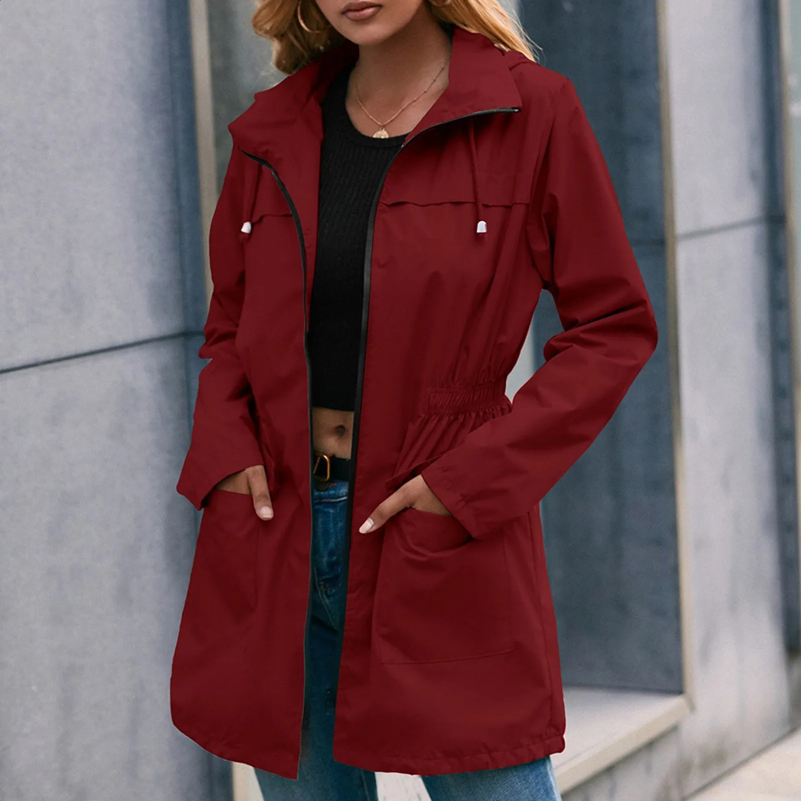 Womens solid color outdoor mountain sports hooded casual raincoat medium length adjustable waist ultra-thin cut jacket 240824