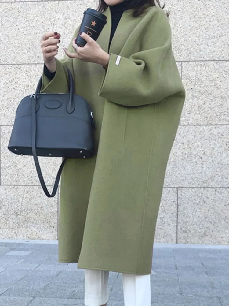 Elegant Woolen Coat for Women Streetwear Casual Korean Fashion Jackets Solid Pockets O Neck 2023 Autumn Winter Coats 240823
