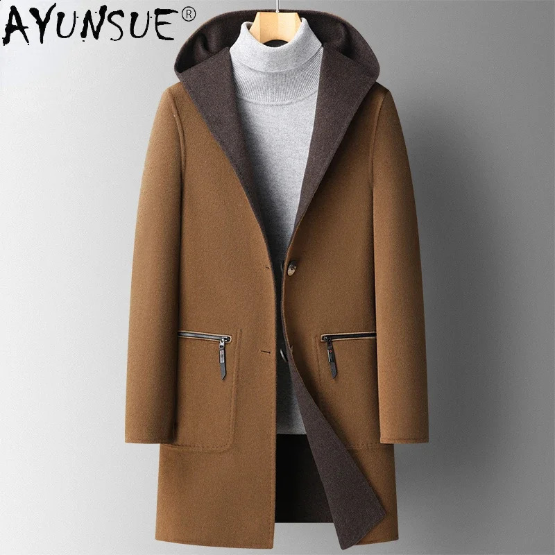 autumn and winter hooded reversible wool trench coat medium length double-sided mens wool coat Chaqueta Hombre FCY 240823