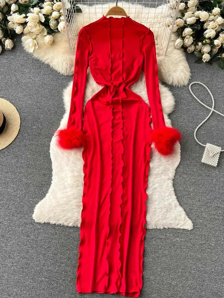 Foamlina Spring Autumn Fluffy Long Sleeve Bodycon Maxi Dress Women Stand Collar Bright Line Slim Bodycon Backless Party Dress 240823