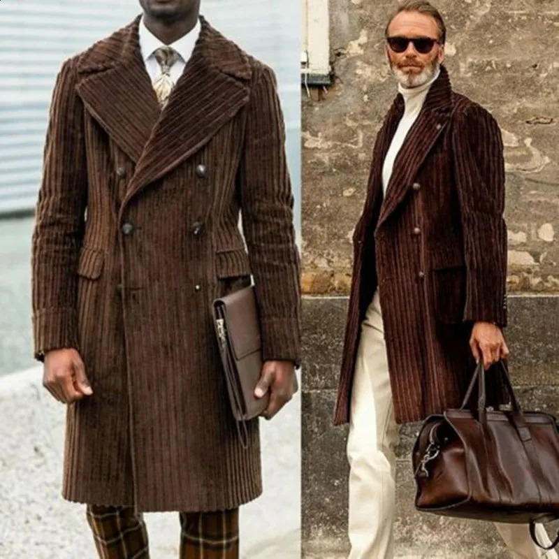Brown Double Breasted Corduroy Vintage Men Coat Long Wide Lapel Travel Causal Tailored Overcoat Warm Formal Business Daily 240823