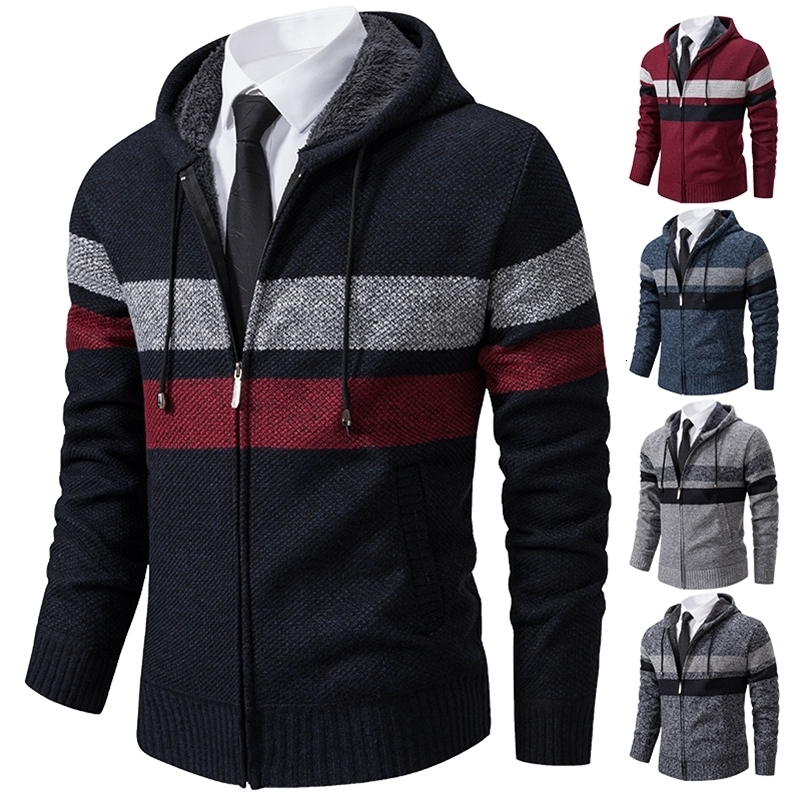 Autumn and Winter Striped Hooded Sweater Mens Coat with Velvet Padded Warm Knit Cardigan 240823