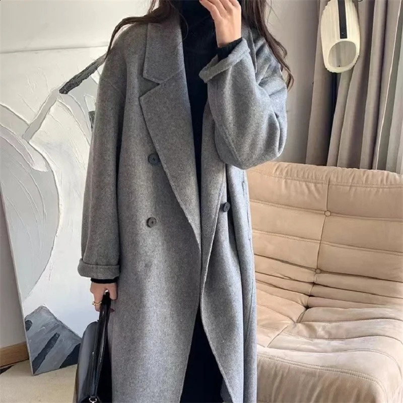 Spring Autumn Doublebreasted Doublesided 2024 Woolen Coat Womens Loose Simple Korean Style Elegant Versatile Wool Jacket 240823 N260805
