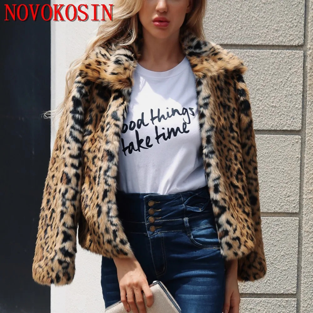 S-3XL Winter Warm Open Seam Ultra Thin Collar Plush Coat Womens Artificial Fur Leopard Pattern Cardigan Womens Thick Short Coat 240823