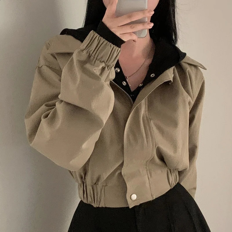 Fashionable Korean style solid color long sleeved womens jacket autumn casual versatile slim fit windproof zippered jacket 240823