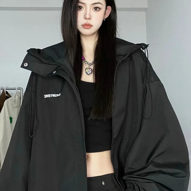 QWEEK Black Womens Windbreaker Jacket Korean Streetwear Y2k Oversize Female Jackets Vintage Harajuku Hooded Zip-up Goth Fashion 240823