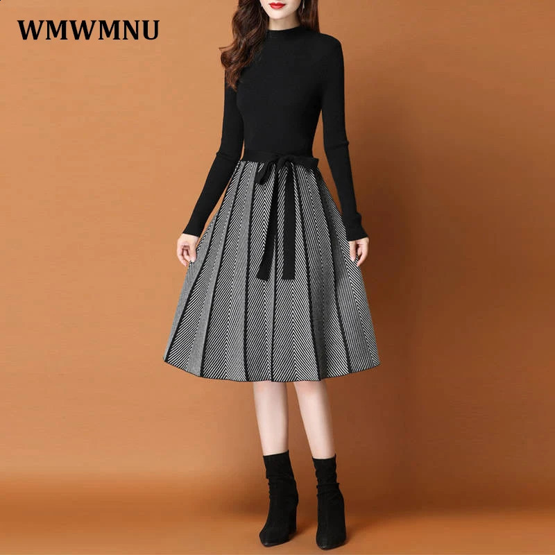 Élélégant Patchwork Patchwork Robe Robe d'hiver Femmes épaisses Jolies robes Half Coutre-Lenneck Corée Vestidos Knitwears MIDI ELBISE 240824