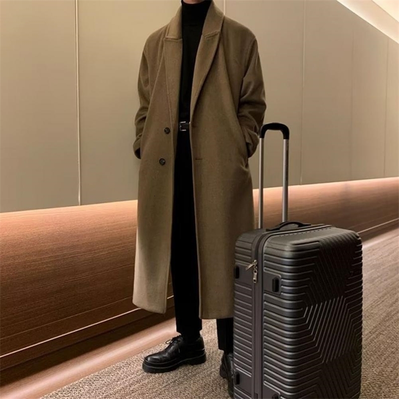 Autumn And Winter Mens Woolen Coat Casual Fashionable Double Breasted Long Midlength Outwear y240823