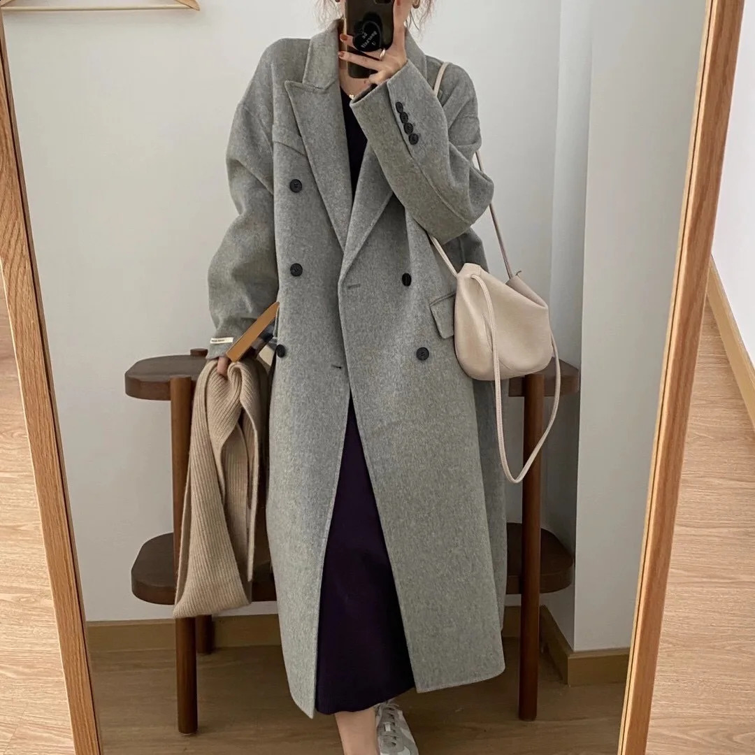 2023 Autumn Women Woolen Coats Turn Down Collar Drouble Breasted Winter Clothes Long With Belt Tops 240823