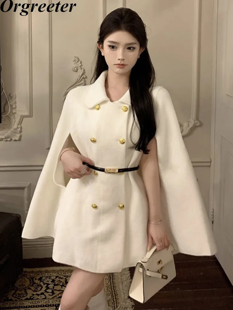 Double layered elegant wool jacket womens lapel jacket white/black temperature casual tweed shawl womens fashionable clothing 240824