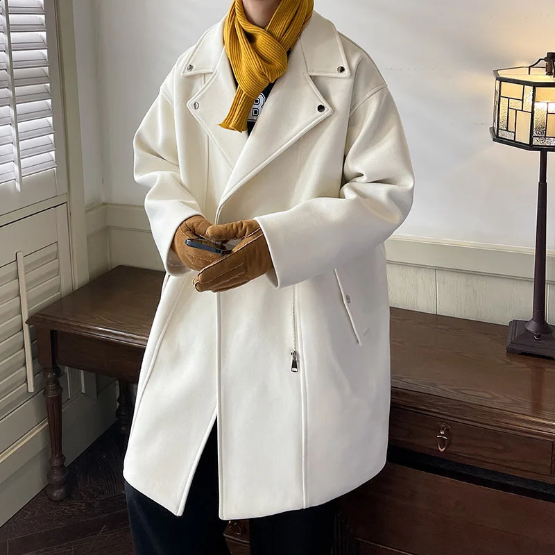 Winter Fashion Woolen Dust Coats Men Zipper Decor High Quality Korean Style Loose Casual Windbreaker Mens Thick Warm Trenchcoat 240823