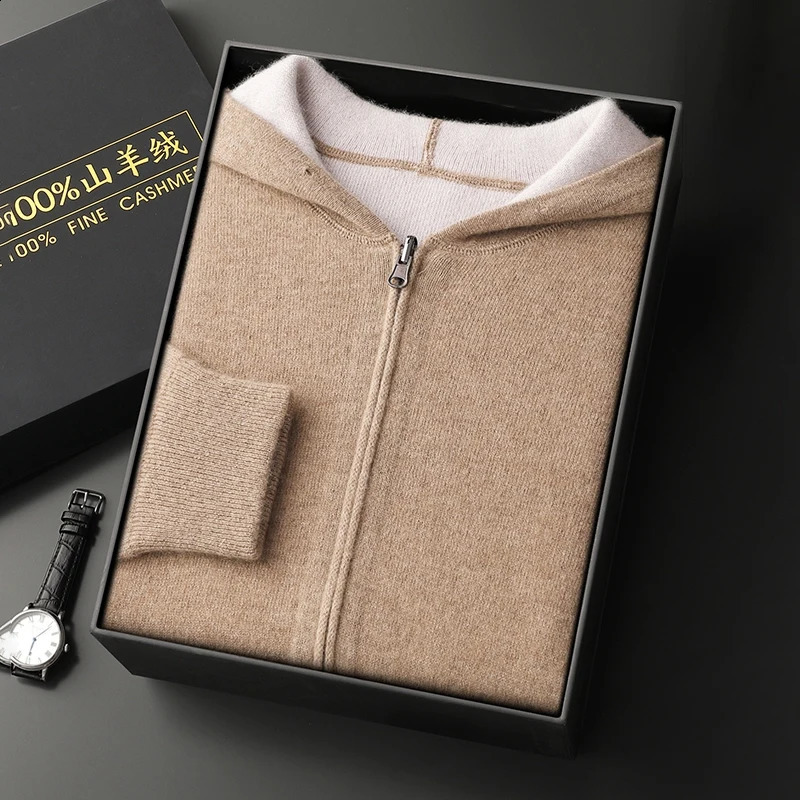 selling cardigan 100% pure cashmere mens hooded sweater casual knitting long sleeved loose coat mens cardigan sweater 240823