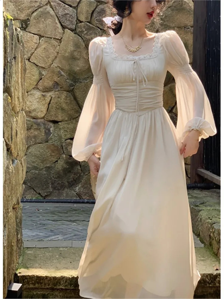 Women Casual Print Elegant Square Collar Midi Dress Vintage Female Long Sleeve Lace Holiday Beach Dress Slim Evening Party Dress 240823