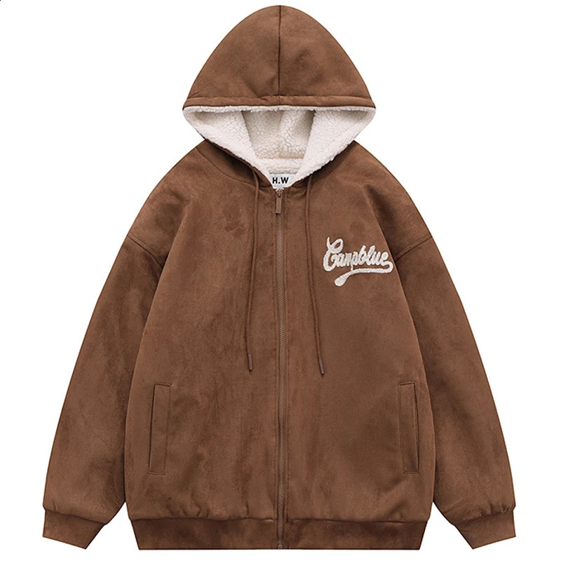 HipHop Zip Up Hoodie Jacket Letter Embroidered suede Punk Gothic Loose Hooded Sweatshirt Coat Harajuku Cotton Fleece Streetwear 240823