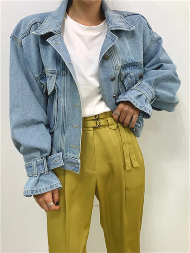 Syiwidii Denim Jacket for Women Loose Single Breasted Turn Down Collar Puff Sleeve Jacket Vintage Korean Fashion Crop Coat 240823