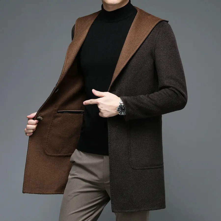 British style mens black coffee cap cashmere coat winter autumn mens elegant reversible wool blend coat 240823