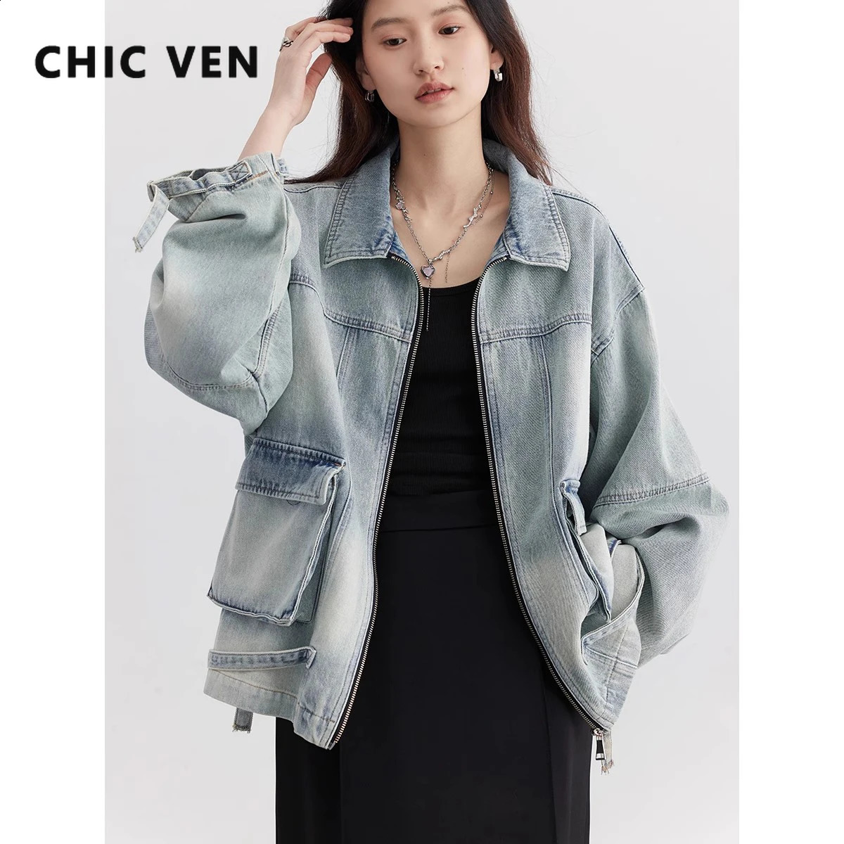 CHIC VEN Women Jacket Loose Casual Blue Cotton Denim Jack for Woman outerwear Female Overcoat Cowboy Coat Spring Autumn 240823